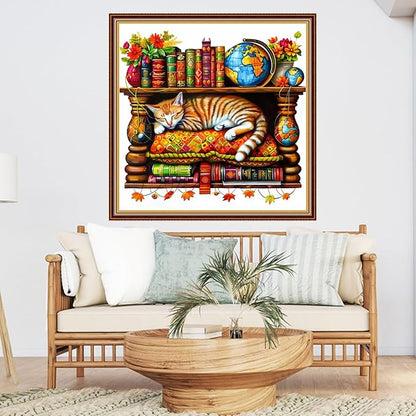 DMCVIVR Stamped Cross Stitch Kits for Adults Beginners Embroidery Kits 11CT Needlepoint Kits Cross Stitch Patterns Embroidery Patterns- Cat Sleeping in on Bookshelf 18x18 inch