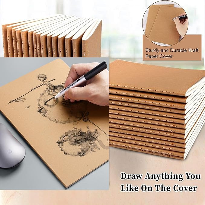 FAWTEEM 48 Pack A5 Blank Notebook Bulk Kraft Cover Blank Sketch Book Pad Travel Journals Composition Diary Subject Notebooks Planner 60 Pages, 8.3”x 5.5”