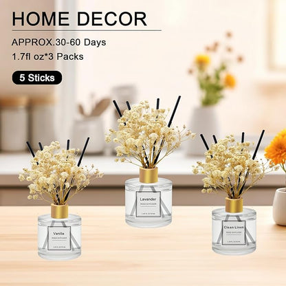 POWSHELF Reed Diffuser Set of 3 Pack,50ML Vanilla Clean Linen Lavender Scented Oil Diffuser with 5 Sticks,Home Fragrance Reed Diffuser for Bedroom Bathroom Office (Vanilla/Clean Linen/Lavender)