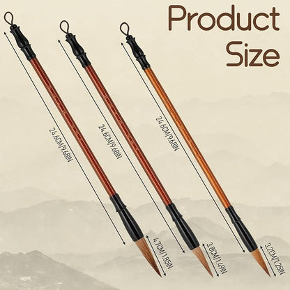 Zyghjort 3 PCS Chinese Calligraphy Brush, Chinese Calligraphy Brush 3 Sizes Writing Drawing Watercolor Ink Brushes Hubi Painting Kanji Sumi Writing Brushes for Beginners & Artists