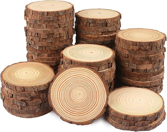 70 PCS 4-4.7 Inch Natural Wood Slices, Unfinished Pine Wood Circles with Barks for Coasters, DIY Crafts, Christmas Rustic Wedding Ornaments and Centerpieces,by GNIEMCKIN.