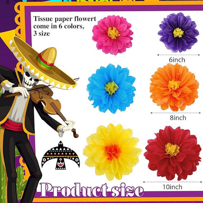Geyee 108 Pcs Mexican Paper Flowers Colorful Fiesta Tissue Paper Flowers Pom Poms Mexican Carnival for Floral Party Backdrop Wedding Birthday Party Craft (6" 8" 10")