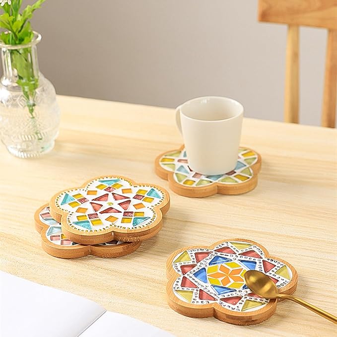 4PCS Mosaic Bamboo Coasters for Crafts, Blank Base Trays, Drinking Cup Coaster, Plant Coaster, Art Plate,DIY Mosaic Supplies (Hexagonal Platter)