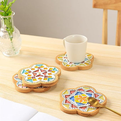 4PCS Mosaic Bamboo Coasters for Crafts, Blank Base Trays, Drinking Cup Coaster, Plant Coaster, Art Plate,DIY Mosaic Supplies (Deer)
