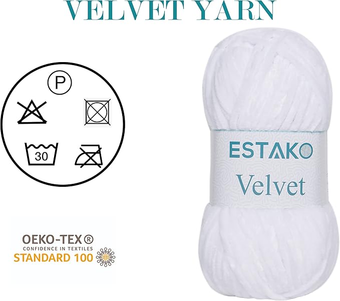 Estako Velvet (3- Skeins Pack) Chenille Blanket amigurumi Yarn for Crocheting and Knitting Super Bulky 3x100 gr (3x132 yds) (1110 - White)