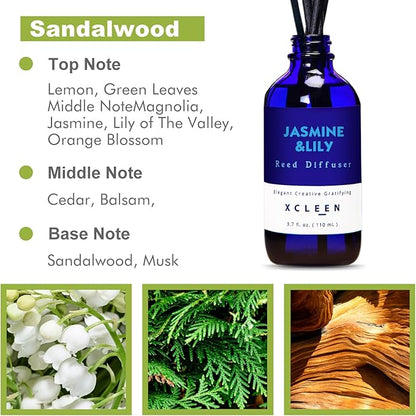 Xcleen Reed Diffuser Set- Jasmine & Lily Scented Diffuser with 6 Rattan Sticks, Long Lasting Reed Diffusers for Home Bathroom Shelf Decor-3.7oz