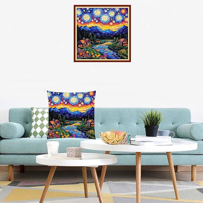 Lovxvouy Pillow Cross Stitch Kits for Adults Beginners-Preprinted Needlepoint Kit Stamped Crossstitching Kits 11CT Cross-Stitch Kit Stitches Kit Embroidery Kits-Van Gogh Starry Sky Flowers 18x18 inchs