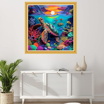 Joyhoor Stamped Cross Stitch Kits for Beginners Needlepoint Kits for Adults Embroidery Kits 11CT Counted Cross Stitch Kits Printed Embroidery Pattern-Sunrise Colorful Sea Turtle 18x18 inch