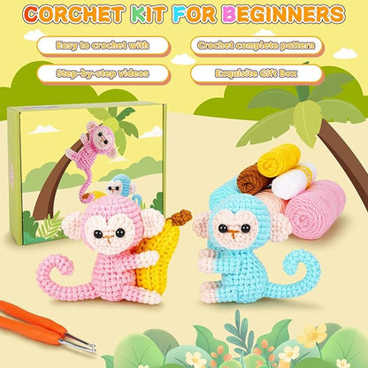 Fortuning's JDS Crochet Kit for Beginners - 2 PCS Monkey with Banana Crochet Kits with Step-by-Step Video Tutorials, Beginner Crochet Kit for Adults, Crochet Monkey Kit (Blue & Pink)