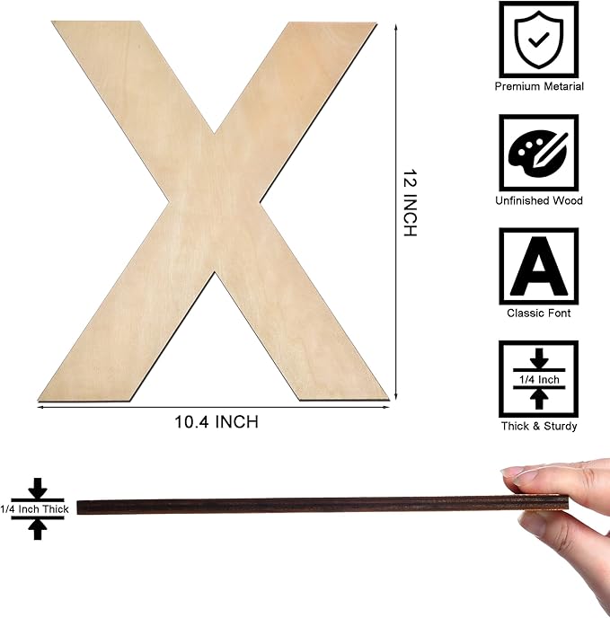 12 Inch Wooden Letter X, 1/4 Inch Thick Large Unfinished Wood Letter for Home Wall Decor, DIY Crafts