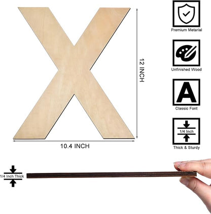 12 Inch Wooden Letter X, 1/4 Inch Thick Large Unfinished Wood Letter for Home Wall Decor, DIY Crafts