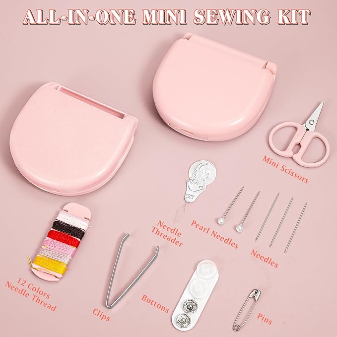 Yuxung 10 Pcs Mini Travel Sewing Kit Portable Emergency Repair Kit Mini Sewing Box with Threads Scissors Needles DIY Supplies for Beginner Traveler Hotel Charity(Light Pink)