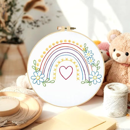 BEUNITONE Embroidery Kit with 6 Easy Patterns, Simple Cross Stitch Starter Set for Absolute Beginners, Cute Animal Rainbow Butterfly DIY Craft Activity