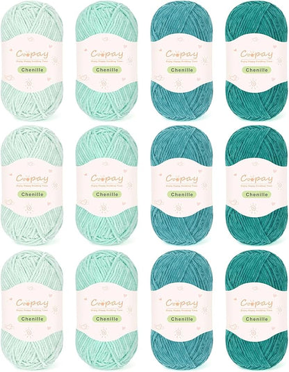 Coopay Skinny Chenille Yarn for Crocheting and Knitting, 12 Pack of 50g/1.76oz - 1764yd Total, Soft Velvet Yarn of Baby Weights - Suitable for Baby Blankets, Plush Toys - Super Soft (Green Gradient)