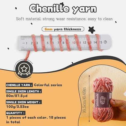 LUNARM 18 Skeins Chenille Yarn for Crocheting, Handmake Weaving Thick Soft Chunky Yarn for Blankets Clothes Crochet Craft with Crochet Hooks Needles Stitch Markers,3.53oz/Skein(Multicolor Series)