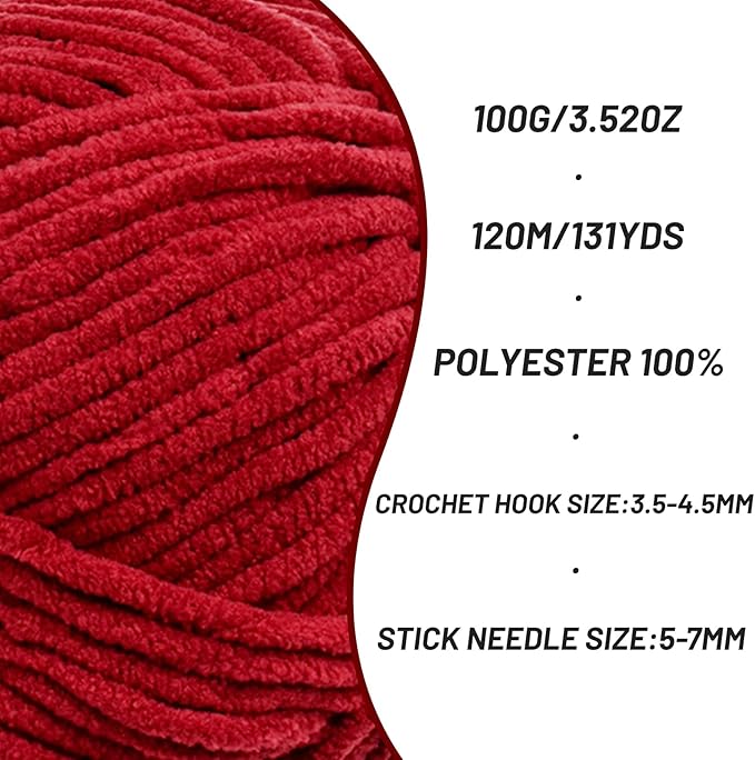 3 Pack Plush Chunky Chenille Yarn for Crocheting, Soft Fluffy Velvet Yarn for Crocheting, Fuzzy Baby Blanket Knitting Yarn, 300g/393yds Bulky Amigurumi Yarns（3 Burgundy）
