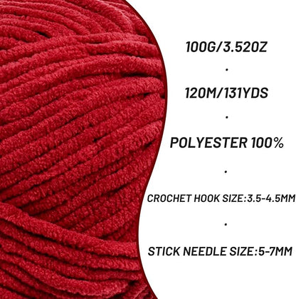 3 Pack Plush Chunky Chenille Yarn for Crocheting, Soft Fluffy Velvet Yarn for Crocheting, Fuzzy Baby Blanket Knitting Yarn, 300g/393yds Bulky Amigurumi Yarns（3 Burgundy）