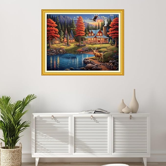 Foxhool Stamped Cross Stitch Kits,11CT Printed Cross Stitch Pattern Full Embroidery Kits for Beginner Needlepoint Kits-Home Scenery 16x20 inchs