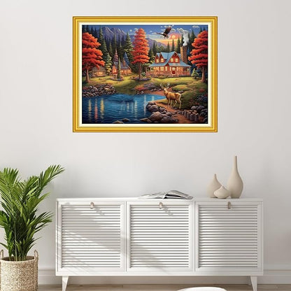 Foxhool Stamped Cross Stitch Kits,11CT Printed Cross Stitch Pattern Full Embroidery Kits for Beginner Needlepoint Kits-Home Scenery 16x20 inchs