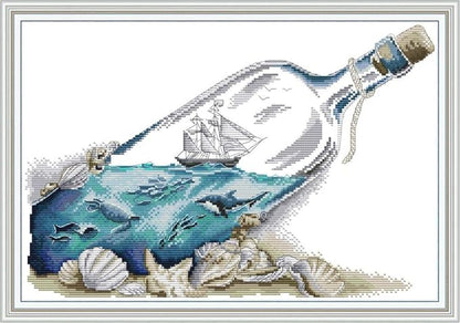 Maydiyer Cross Stitch Kits Stamped Full Range of Embroidery Starter Kits for Beginners DIY 11CT Embroidery Kit for Girls-Sea in a Bottle 16.5×11.8 inch