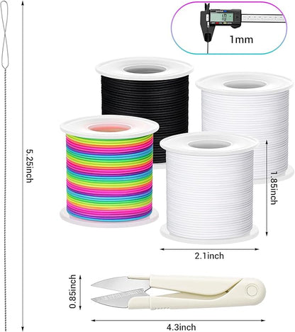 Stretchy Bracelet String Kit with Scissors & Beading Needle, 4 Rolls Elastic String for DIY Crafts, 1mm Stretchy Cord for Jewelry Making Sewing Necklace Beading, 660FT, (Black, White, Rainbow)
