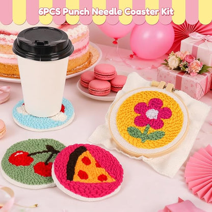 Sukhumvit 6PCS Punch Needle Coaster Kit, Beginners Punch Needle Set with 6 Tufted Patterns, Yarns, Hoop & Adhesive Pads, Starter Embroidery Coasters Kit for DIY Tufted Crafts Gifts