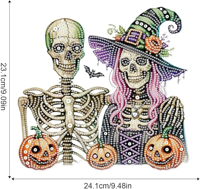 Diamond Art Painting Pendant 5D Diamond Art Hanging Kit Halloween Skull Pumpkin DIY Crystal Window Door Pendant for Adults Gift Wall Home Halloween Decoration (24.1x23.1 cm)