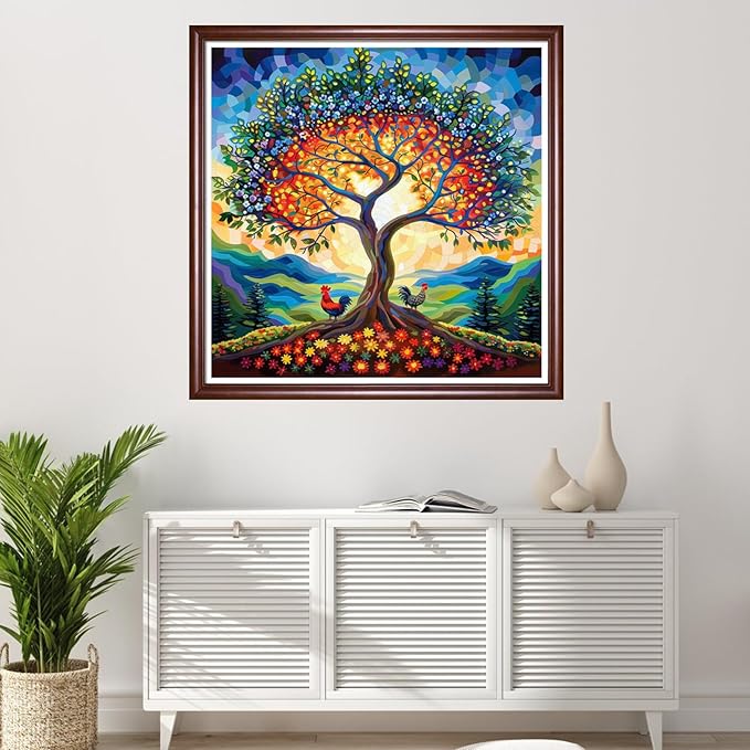 Redxing Stamped Cross Stitch Kits Full Range of Embroidery Starter Kits- Needlepoint Counted Cross Stitch Kits for Beginner Adults 11CT Printed Embroidery Kit-Colorful Tree Sunrise 18x18 inchs