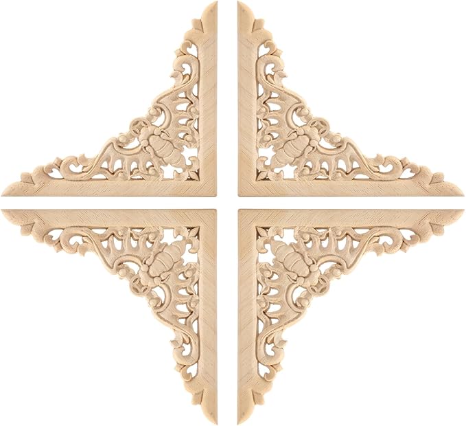 4PCS Corner Wooden Carving Decal Unpainted Wood Appliques Onlays DIY Wood Carved Furniture Appliques Onlays for Wall Bed Door Wardrobe Cabinet Furniture Decoration(06,15x15cm/5.91x5.91inch)