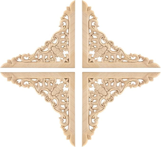 4PCS Corner Wooden Carving Decal Unpainted Wood Appliques Onlays DIY Wood Carved Furniture Appliques Onlays for Wall Bed Door Wardrobe Cabinet Furniture Decoration(06,15x15cm/5.91x5.91inch)