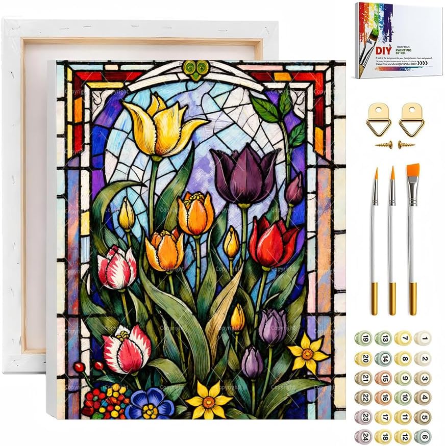 Sceorixa Floral Paint By Numbers Kit for Adults - DIY Stained Glass Tulips Painting On Canvas, Acrylic Paint Set, Suitable for Beginners, Wall Decor Art for Home Decoration Or Gifts(16X20IN Framed) by Unknown