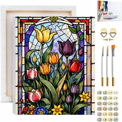Sceorixa Floral Paint By Numbers Kit for Adults - DIY Stained Glass Tulips Painting On Canvas, Acrylic Paint Set, Suitable for Beginners, Wall Decor Art for Home Decoration Or Gifts(8X12IN Framed) by Unknown