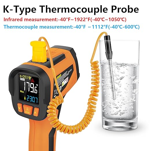 Infrared Thermometer High Temperature Gun with K-Probe,-40℉~1922℉, 30:1 Digital Laser IR Temp Gun with Color LCD for Cooking, Pizza Oven, Engine, Kilns, Industry, Home Repair, Adjustable Emissivity
