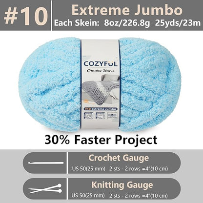 Chunky Yarn for Hand Knitting - #10 Chunky Chenille Yarn, Jumbo Big Thick Chunky Yarns for Crocheting, Super Bulky Chunky Knit Blanket Yarns, 8 Skein (25 yds 8 oz Each Skein), Sky Blue