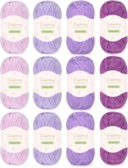 Coopay Skinny Chenille Yarn for Crocheting and Knitting, 12 Pack of 50g/1.76oz-1764yd Total, Soft Velvet Yarn of Baby Weights - Suitable for Baby Blankets, Plush Toys - Super Soft (Purple Gradient)