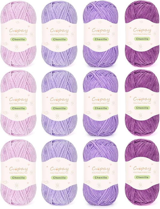 Coopay Skinny Chenille Yarn for Crocheting and Knitting, 12 Pack of 50g/1.76oz-1764yd Total, Soft Velvet Yarn of Baby Weights - Suitable for Baby Blankets, Plush Toys - Super Soft (Purple Gradient)