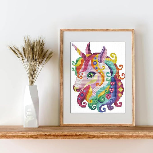 Maydiyer 11CT Stamped Cross Stitch Kits Pre-Printed Embroidery Kit, DIY Chinese Easy Needlework Sets for Girls-Colorful Unicorn 11×15.3 inch