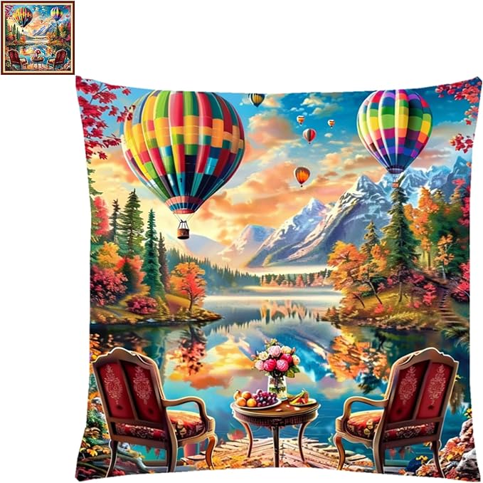 Lovxvouy Pillow Cross Stitch Kits for Adults Beginners-Preprinted Needlepoint Kit Stamped Crossstitching Kits 11CT Cross-Stitch Kit Stitches Kit Embroidery Kits-Tea hot air balloon 18x18 inchs