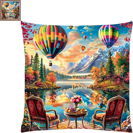 Lovxvouy Pillow Cross Stitch Kits for Adults Beginners-Preprinted Needlepoint Kit Stamped Crossstitching Kits 11CT Cross-Stitch Kit Stitches Kit Embroidery Kits-Tea hot air balloon 18x18 inchs