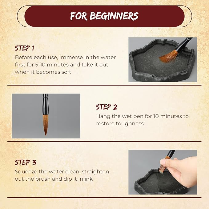 Zonon 3 Pieces Chinese Calligraphy Brush Pens Japanese Calligraphy Brush Sumi Drawing Brush Traditional Wooden Watercolor Ink Pens for Beginner Watercolor Painting Tools (3 Sizes)