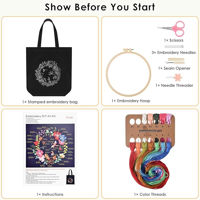 ERKOON Canvas Tote Bag Embroidery Kit for Beginners, Floral Arts Crafts Cross Stitch Kits for Adults Including Stamped Embroidery Bag with Hoops, Needle, Instruction and Color Threads(Wreath)