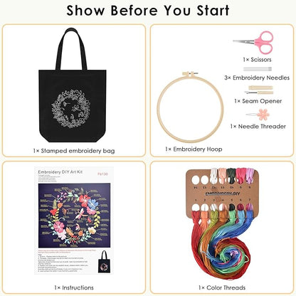 ERKOON Canvas Tote Bag Embroidery Kit for Beginners, Floral Arts Crafts Cross Stitch Kits for Adults Including Stamped Embroidery Bag with Hoops, Needle, Instruction and Color Threads(Wreath)
