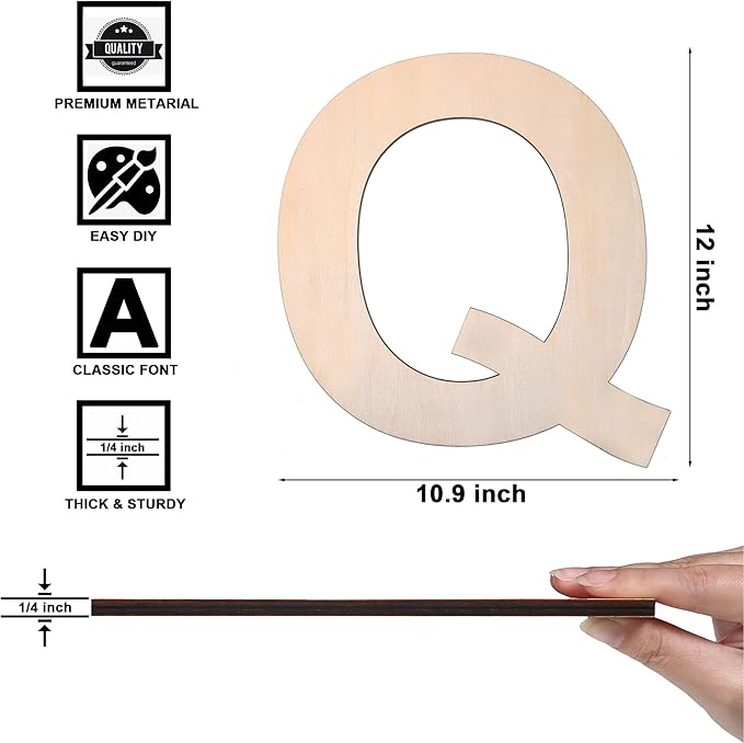 12 Inch Wooden Letter Q, 1/4 Inch Thick Large Unfinished Wood Letter for DIY Crafts Home Wall Decor