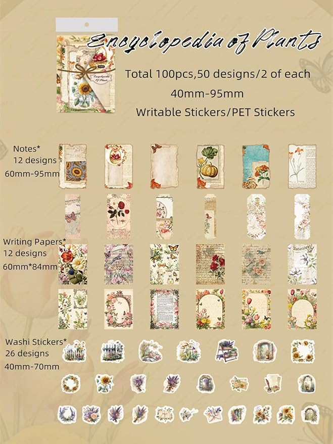 100PCS Vintage Journaling Scrapbooking Supplies Ephemera Pack for Junk Journal Planners Decoupage Paper Scrapbook Stickers Aesthetic Cottagecore Collage Craft Album (Plants)