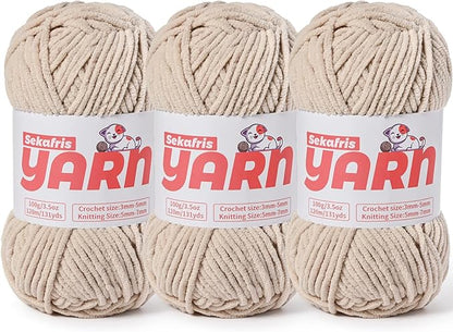 3 Pack Plush Chunky Chenille Yarn for Crocheting, Soft Fluffy Velvet Yarn for Crocheting, Fuzzy Baby Blanket Knitting Yarns, 300g/393yds Bulky Amigurumi Yarns（3 Light Khaki）