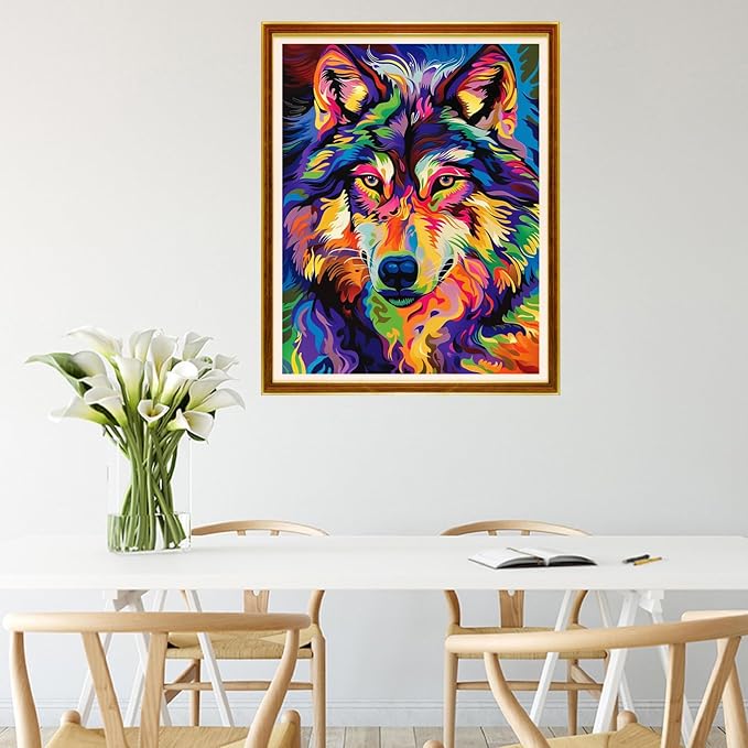 Joycasa Stamped Cross Stitch Kits for Beginners Full Range of Cross Stitching 11 CT Printed Cross Stitch Kit for Adults Cross-Stitch Patterns Needlepoint Kits-Colorful Wolf 16x20 inchs