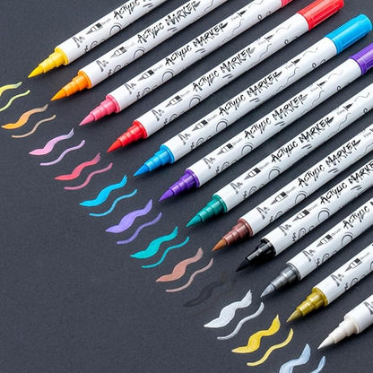 TRANSON 12 Colors Fine and Brush Dual-tip Acrylic Paint Marker Pen Set for Canvas Rock Wood Leather Ceramic DIY Painting