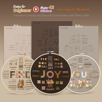 ETSPIL Find Your Joy Beginner Embroidery Kit,3 Pack DIY Starter Kits for Adults with 42 Stitch, Stamped Patterns, Floral Designs, Embroidery Hoop, Colorful Floss, Video Tutorials, and Storage Bag
