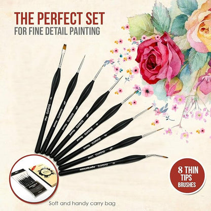 DUGATO Fine Detail Paint Brush Set - Miniature Brushes with Ergonomic Triangular Handles & Travel Case for Acrylic, Watercolor, Oil, Models & Warhammer (8pcs Detailing Paint Brush - Black)