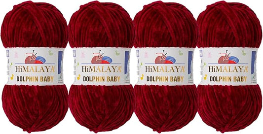 4 Skein/Pack Himalaya Dolphin Baby Chenille Yarn, Each Ball 100 gr (3.5 oz), 120 m (132 Yards), 100% Polyester, Super Bulky Baby Blanket Velvet Amigurumi Yarn, 80322 - Burgundy